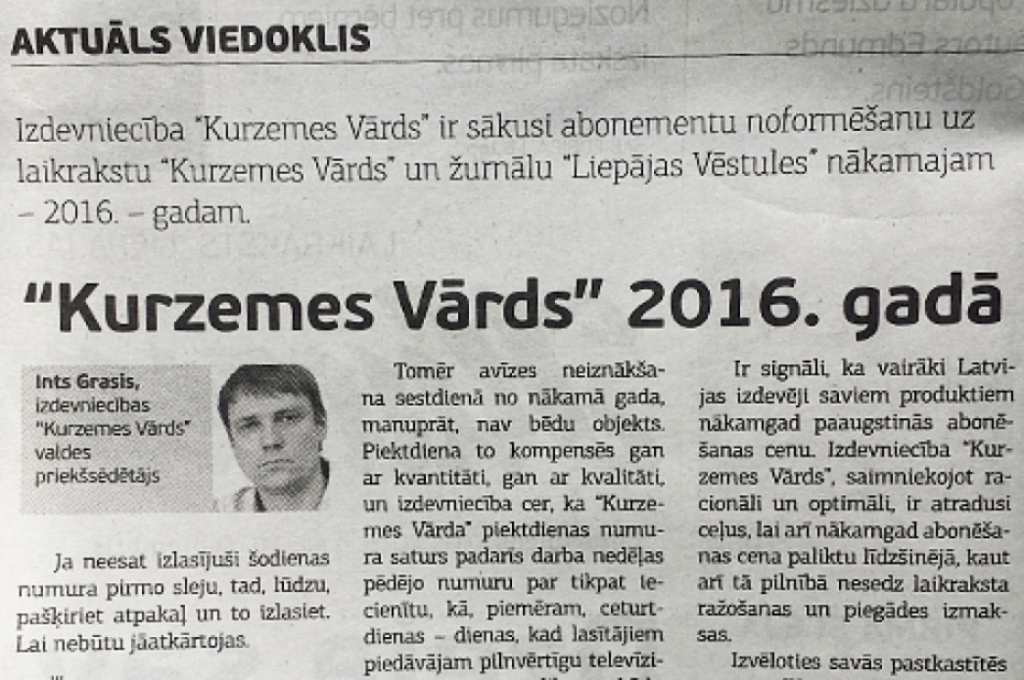 "Kurzemes Vārds" nākamgad – tikai piecreiz nedēļā