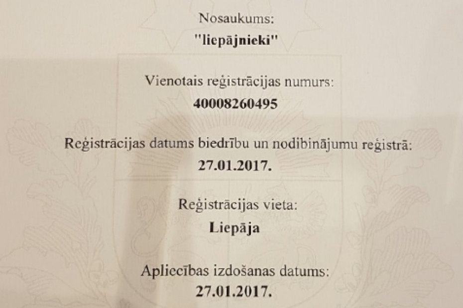 Biedrība "Liepājnieki" reģistrēta, 2.martā atvērs biroju