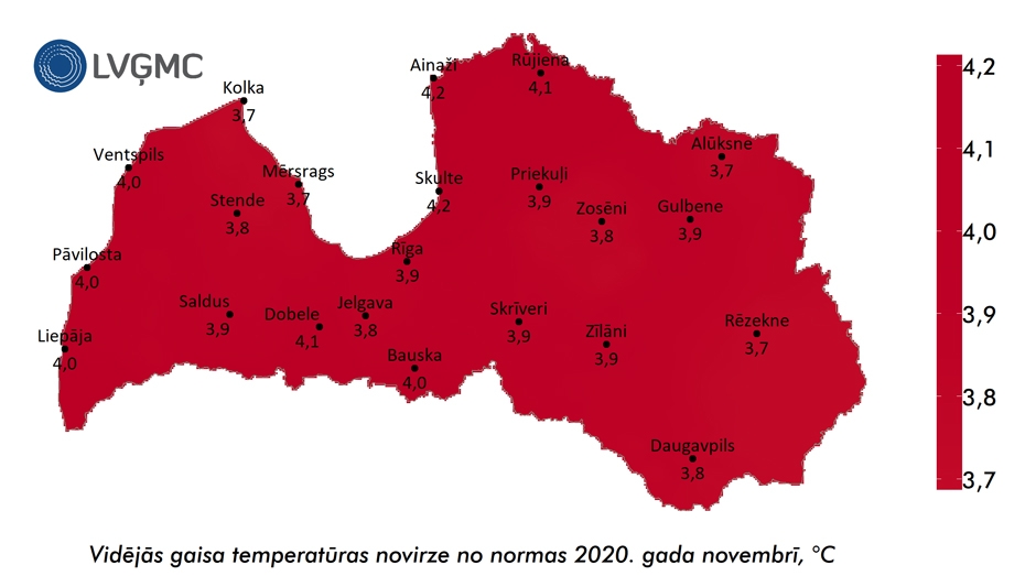 Novembris Liepājā bija 4 grādus siltāks par normu