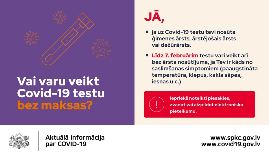   Līdz 7.februārim pagarina iespēju "Covid–19" analīzes nodot bez ārsta nosūtījuma