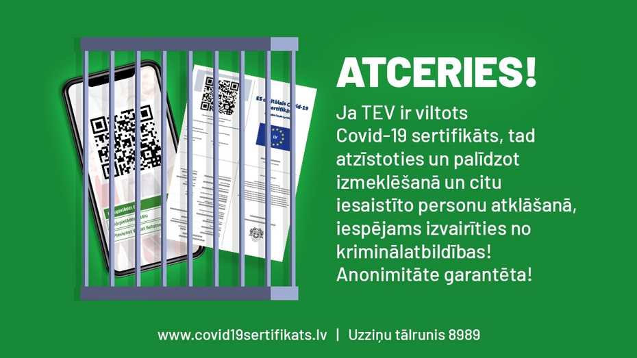 Saslimšanas gadījumā "Covid-19" sertifikāta darbību apturēs uz septiņām dienām