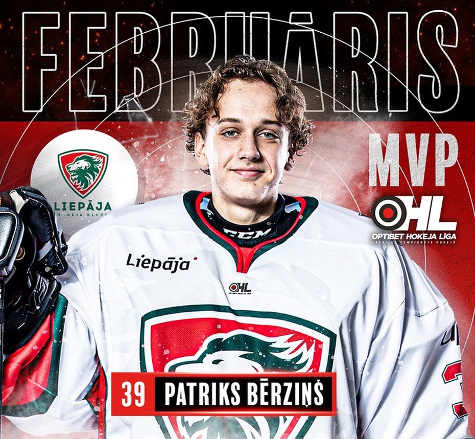 "Liepājas" vārtsargs Bērziņš kļuvis par OHL mēneša vērtīgāko spēlētāju