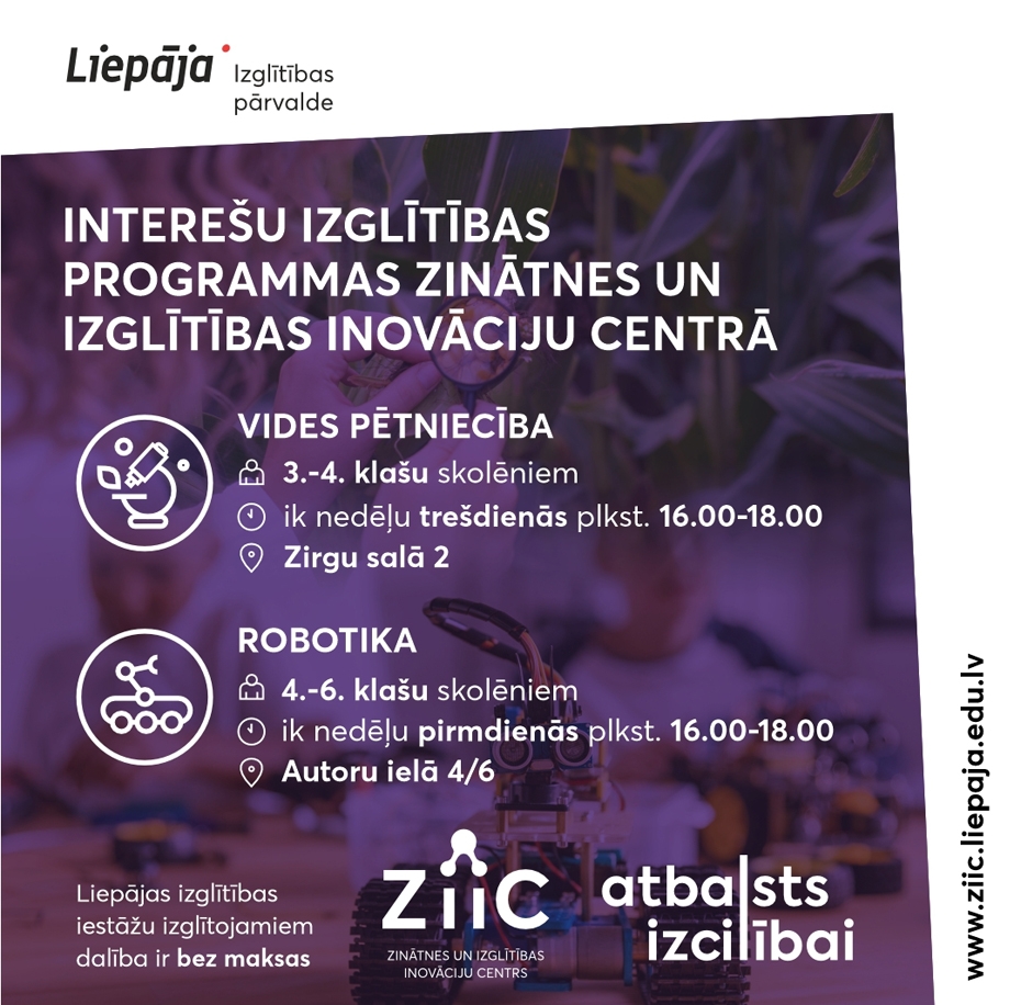 Skolēni var pieteikties interešu izglītības programmām ZIIC