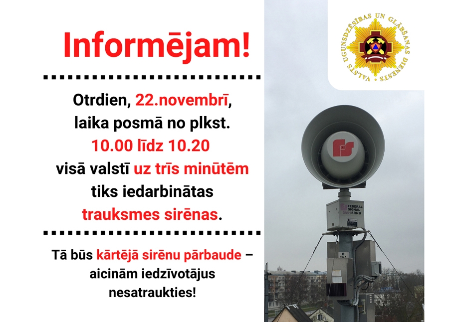 Otrdien VUGD veiks trauksmes sirēnu pārbaudi
