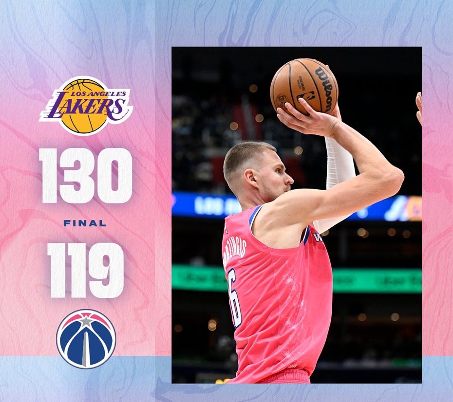  Porziņģim 27 punkti "Wizards" zaudējumā "Lakers" komandai