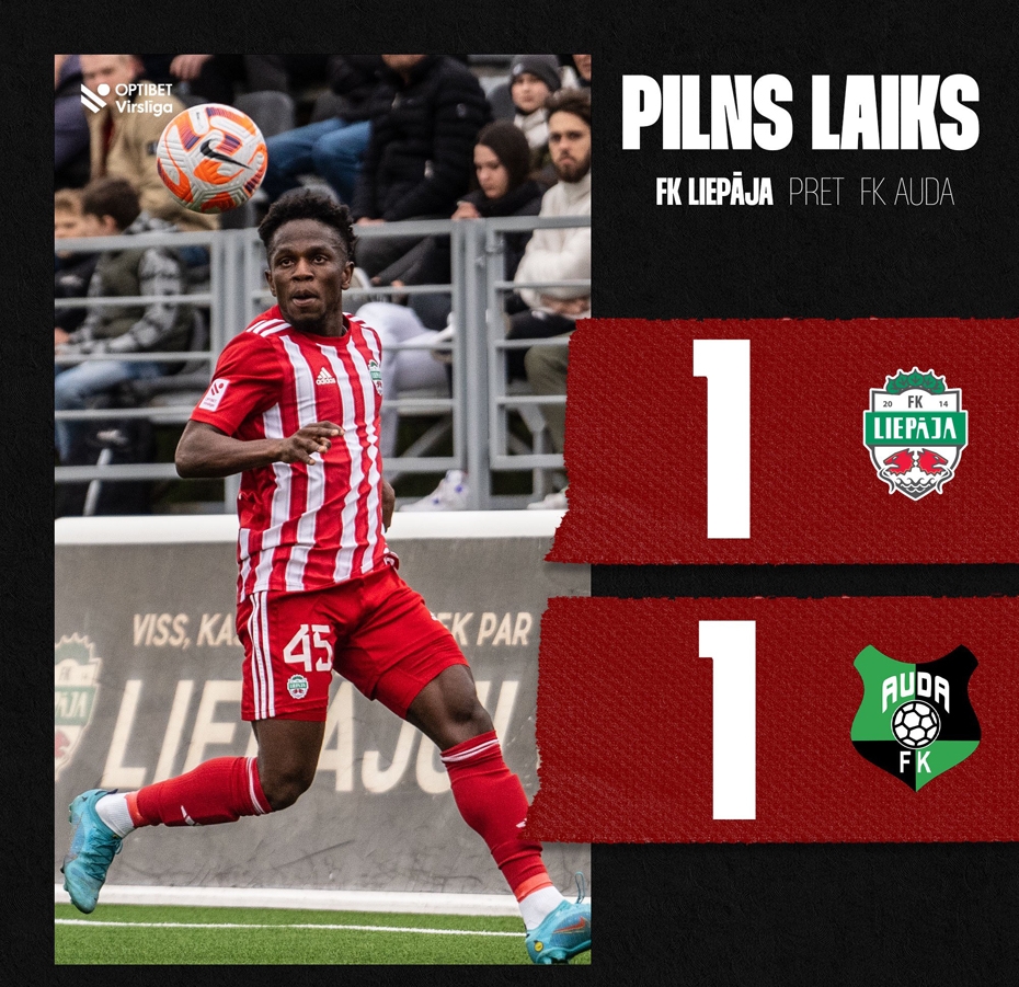 "Liepājai" ar "Audu" neizšķirts futbola virslīgas cīņā